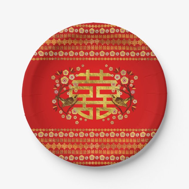 Gold Double Happiness Symbol with flowers and bird Paper Plate (Front)