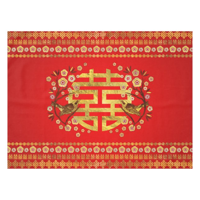 Gold Double Happiness Symbol with flowers and bird Tablecloth (Front (Horizontal))