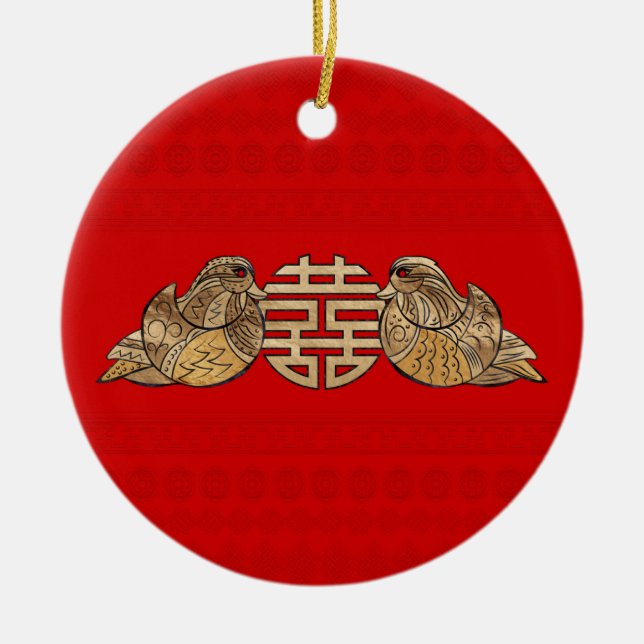 Gold Double Happiness Symbol with Mandarin Ducks Ceramic Ornament (Front)