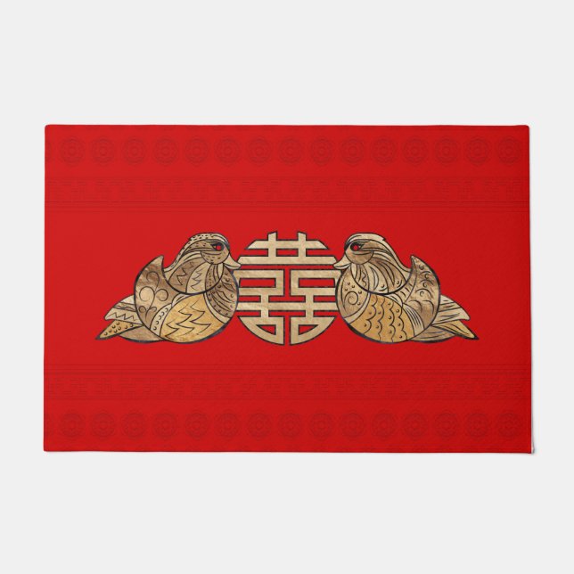 Gold Double Happiness Symbol with Mandarin Ducks Doormat (Front)