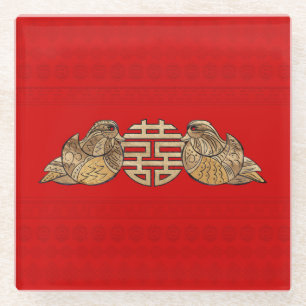 Gold Double Happiness Symbol with Mandarin Ducks Glass Coaster