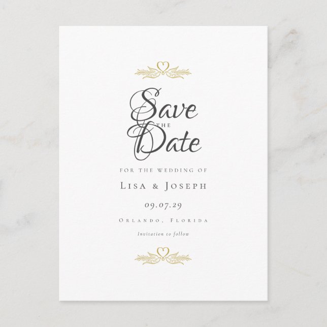 Gold Doves and Heart Elegant Script Save the Date Announcement Postcard (Front)