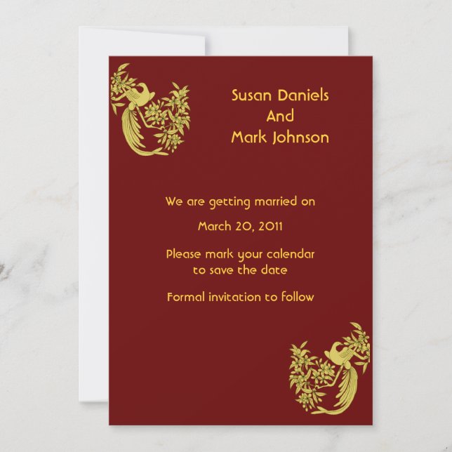 Gold Doves On Burgundy Wedding Save The Date Invitation (Front)