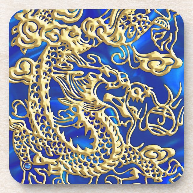 Gold Dragon Blue Satin Lush Coaster (Front)