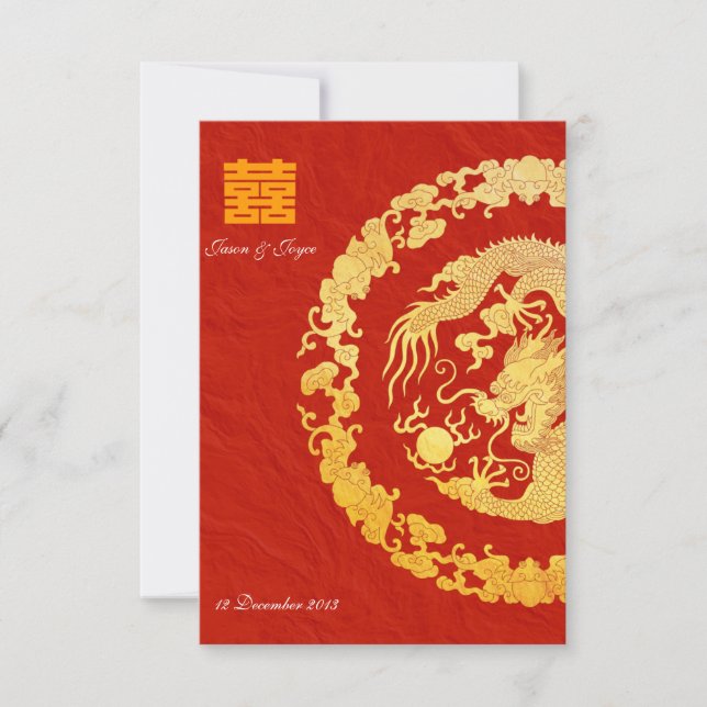 Gold dragon classic double happiness wedding RSVP Card (Front)