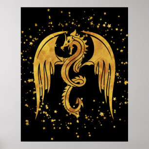 Gold Dragon In The Stars Poster on Black Backdrop