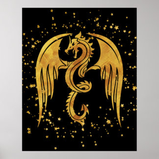 Gold Dragon In The Stars Poster on Black Backdrop