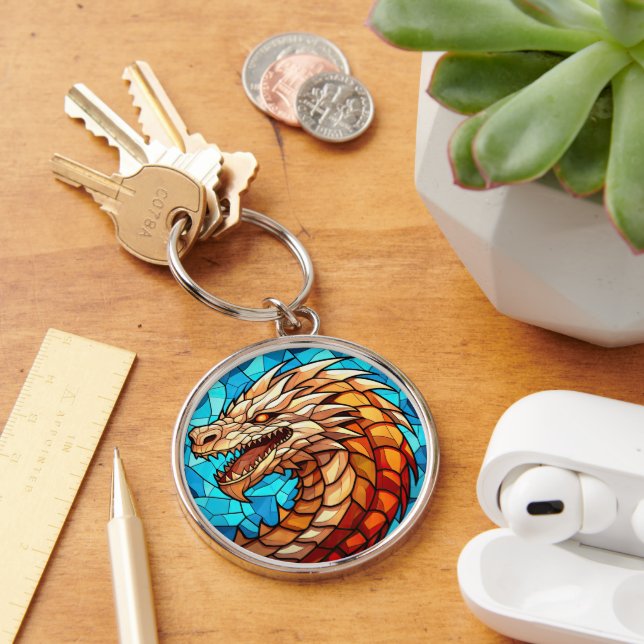 Gold Dragon on Blue Stained Glass Key Ring (Desk)