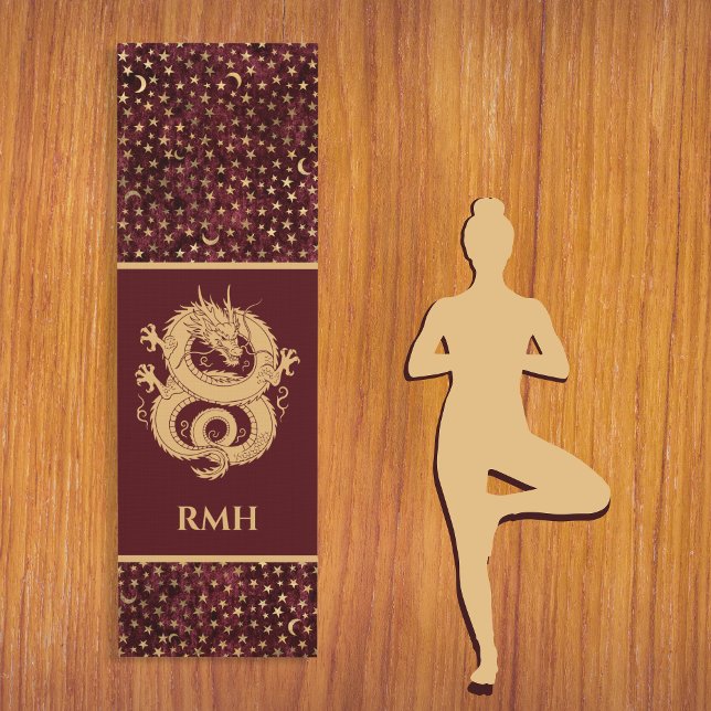 Gold Dragon on Burgundy with Stars Moon Monogram  Yoga Mat (Creator Uploaded)