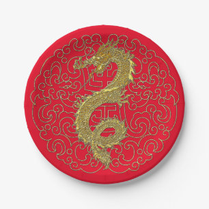 Gold Dragon on Chinese Traditional Pattern Paper Plate