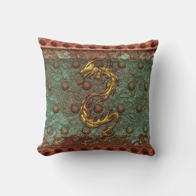 Gold Dragon on Victorian Studded Steel-look Pillow (Front)