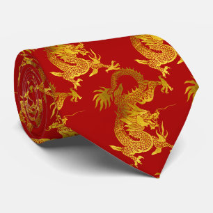 Gold Dragon Papercut Chinese New Year Zodiac Red Tie