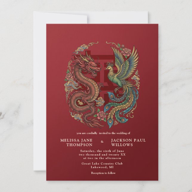 Gold Dragon Phoenix Chinese Wedding Invitation (Front)