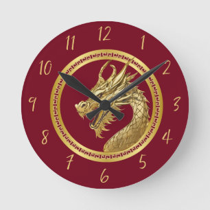 Gold Dragon-Red- Round Clock