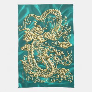 Gold Dragon Turquoise Satin Lush Kitchen Towel
