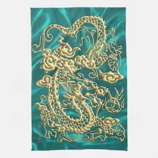 Gold Dragon Turquoise Satin Lush Kitchen Towel