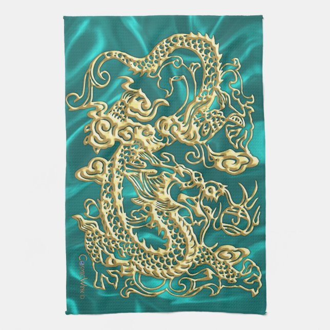 Gold Dragon Turquoise Satin Lush Kitchen Towel (Vertical)