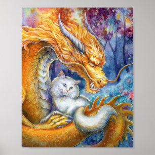 Gold Dragon & White Cat in Forest Watercolor Art Poster