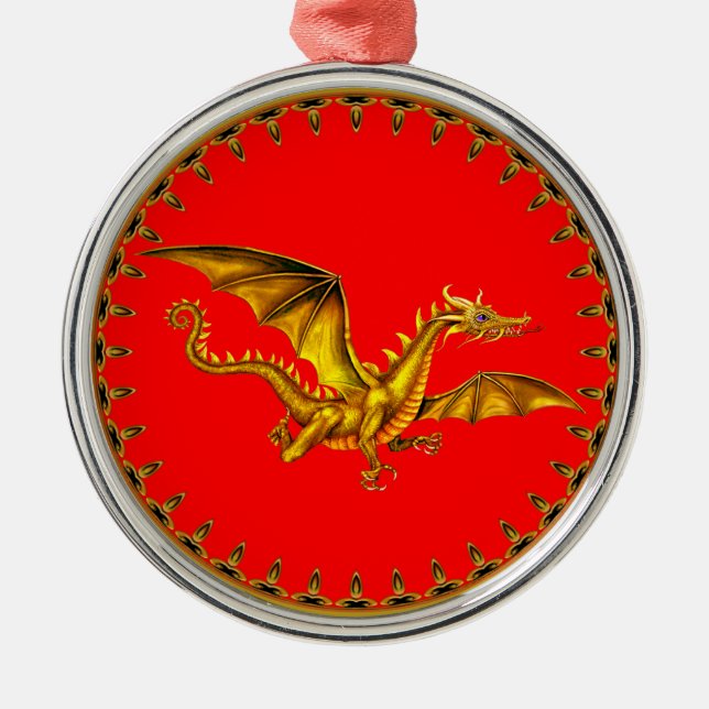 gold dragon with red background metal tree decoration (Front)