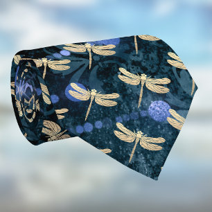 Gold Dragonflies on Vintage Teal Blue Damask Tie
