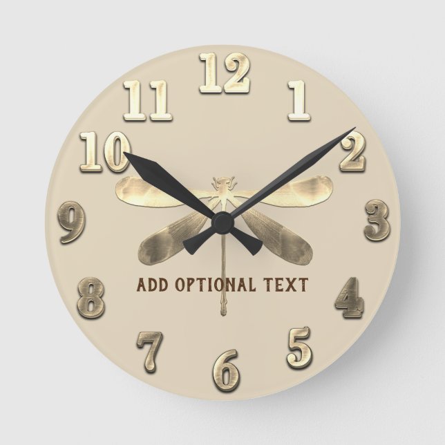 Gold Dragonfly Add Text Special Occasion Round Clock (Front)