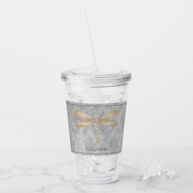 Gold Dragonfly Damask Acrylic Tumbler (Front Ice)