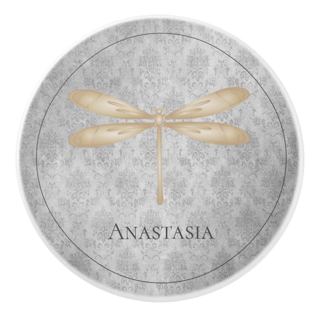 Gold Dragonfly Damask Ceramic Knob (Front)