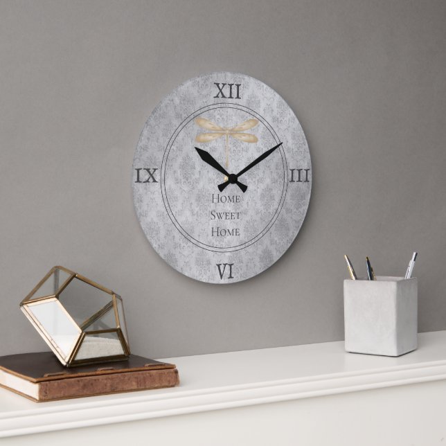 Gold Dragonfly Damask Large Clock (Office)