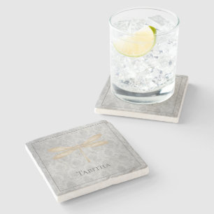 Gold Dragonfly Damask Stone Coaster