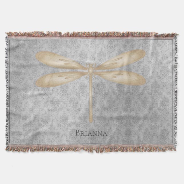 Gold Dragonfly Damask Throw Blanket (Front)