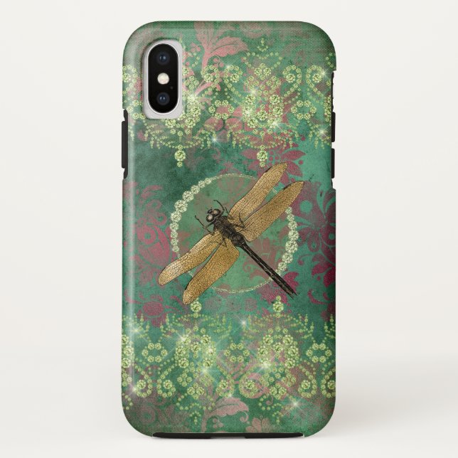 Gold Dragonfly on Green With Rhinestones Case-Mate iPhone Case (Back)