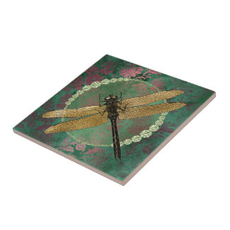 Gold Dragonfly on Green With Rhinestones Ceramic Tile