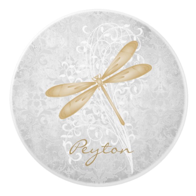 Gold Dragonfly Personalised Ceramic Knob (Front)