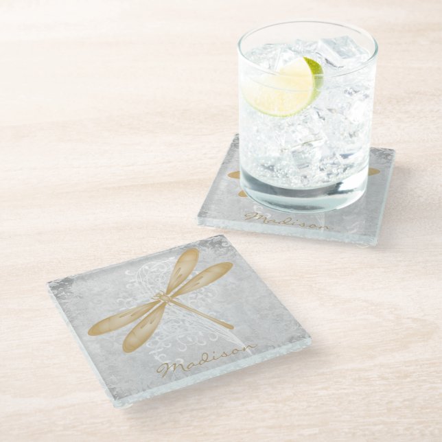 Gold Dragonfly Personalised Glass Coaster (Angled)