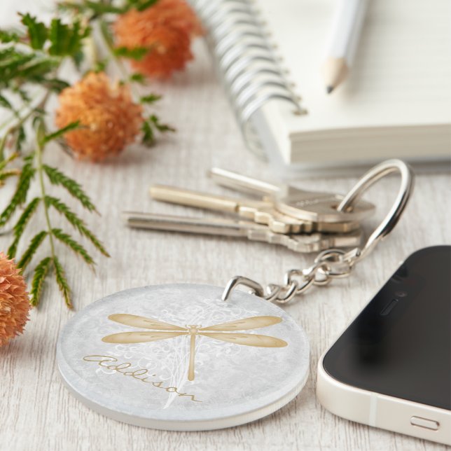 Gold Dragonfly Personalised Keychain (Front Right)