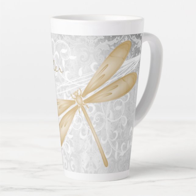 Gold Dragonfly Personalised Latte Mug (Right Angle)