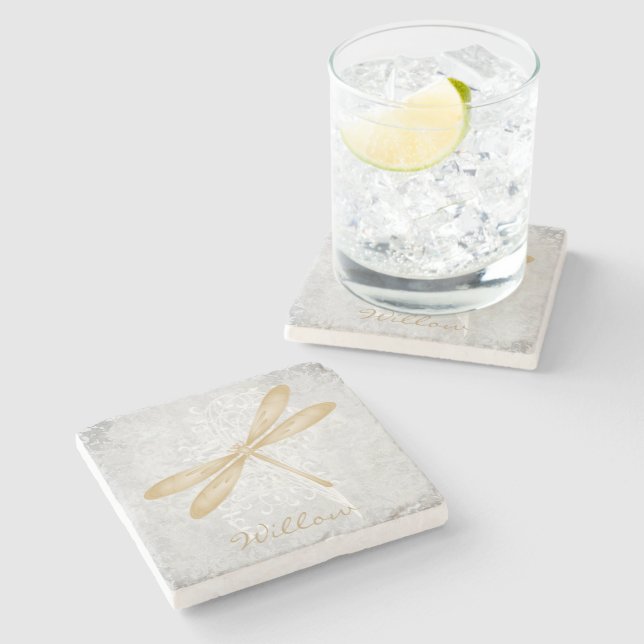 Gold Dragonfly Personalised Stone Coaster (Side)