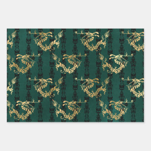 Gold Dragons on Green Wrapping Paper Sheet