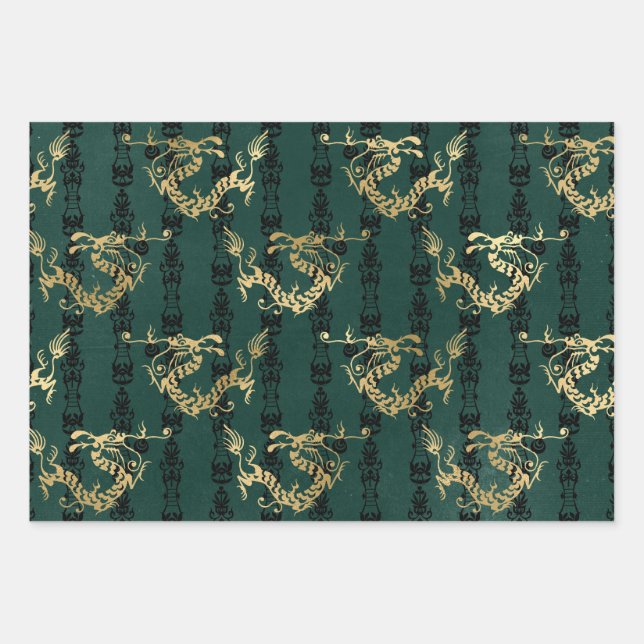 Gold Dragons on Green Wrapping Paper Sheet (Front)