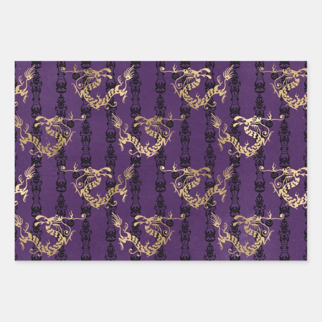 Gold Dragons on Purple Wrapping Paper Sheet (Front)
