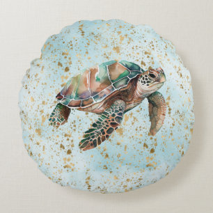 Gold Dream Sea Turtle Round Cushion