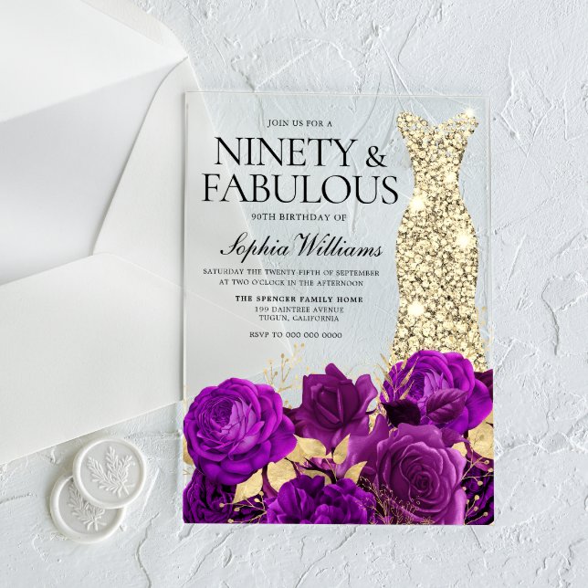Gold Dress 90th Birthday Party Purple Flower Acrylic Invitations (Creator Uploaded)