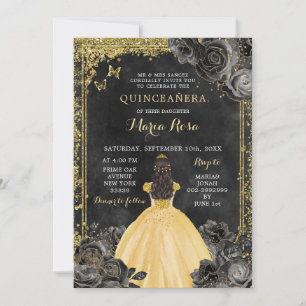 Gold Dress and Black Rose Royale Quinceañera Invitation