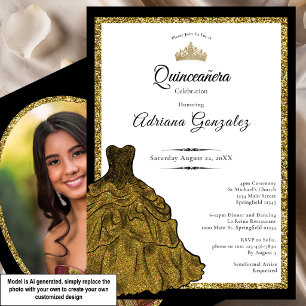 Gold Dress and Tiara Custom Photo Quinceanera Invitation