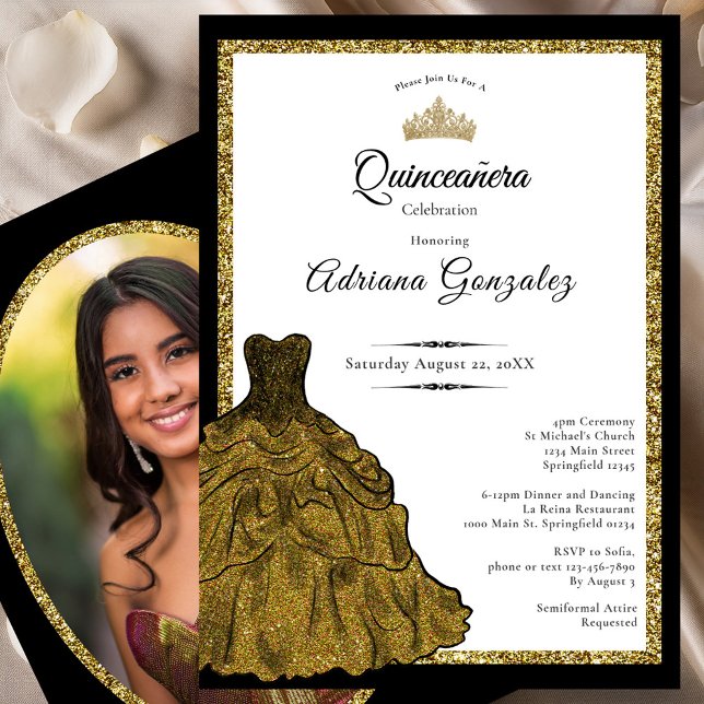 Gold Dress and Tiara Custom Photo Quinceanera Invitation (Creator Uploaded)