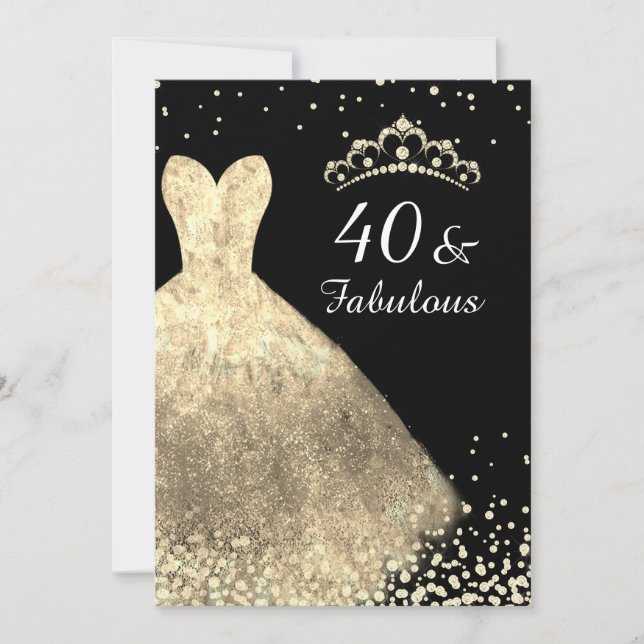 Gold Dress & Black 40 & Fabulous 40th Birthday Invitation (Front)