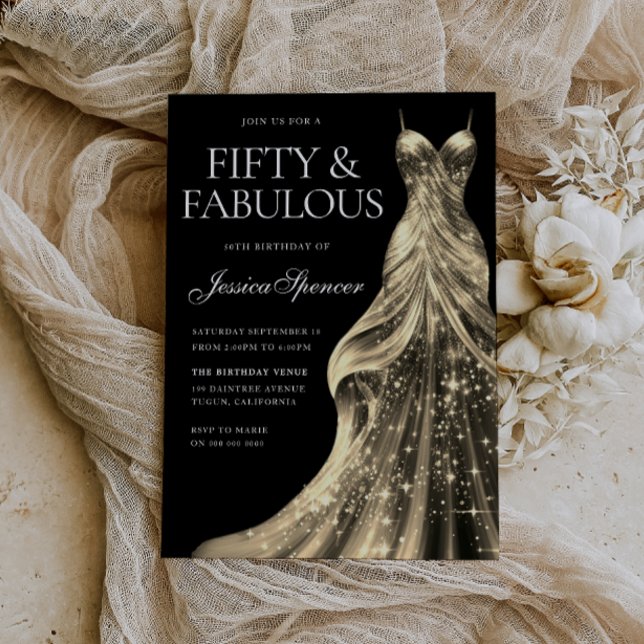 Gold Dress Black Fabulous Fifty 50th Birthday Invitation (Creator Uploaded)