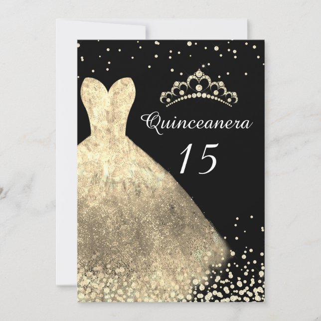 Gold Dress & Black Quinceanera 15th Birthday Party Invitation (Front)