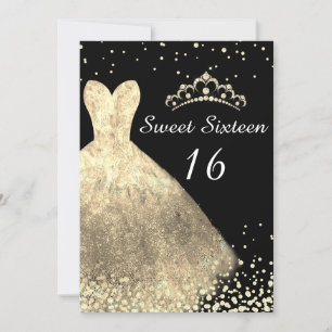 Gold Dress & Black Sweet 16 16th Birthday Party Invitation
