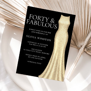 Gold Dress & Black Womans 40th Birthday Party Invitation